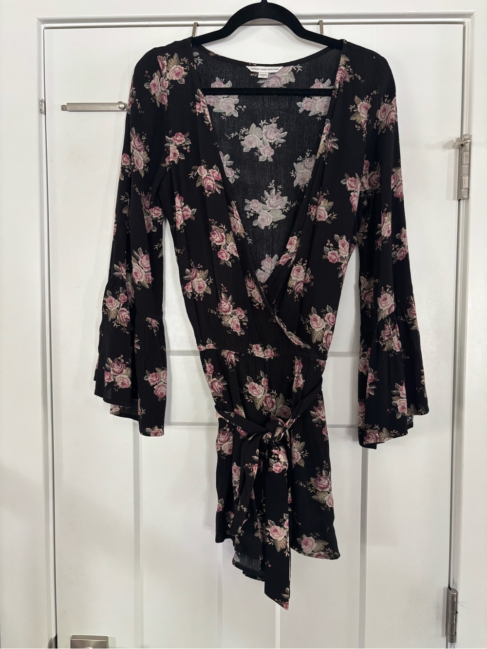 American Eagle Outfitters Black Floral Wrap Romper with Pink Roses